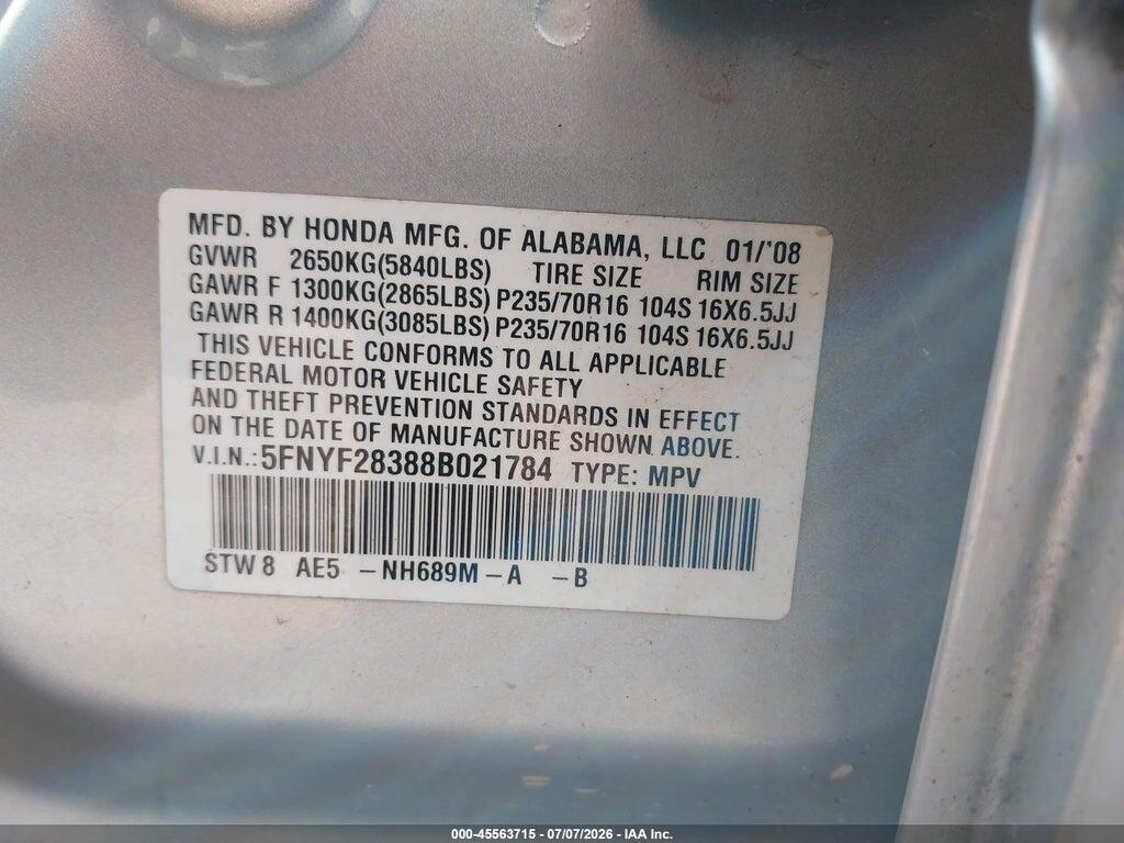 5FNYF28388B021784 2008 HONDA PILOT photo no. 9
