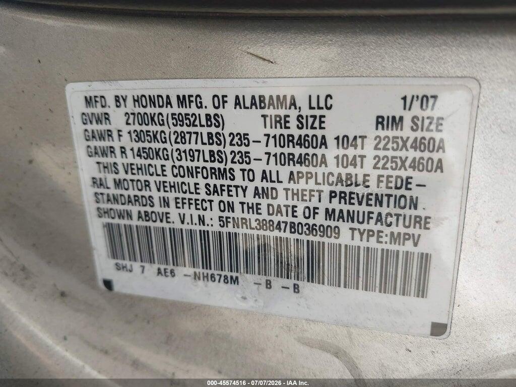 5FNRL38847B036909 2007 HONDA ODYSSEY photo no. 9