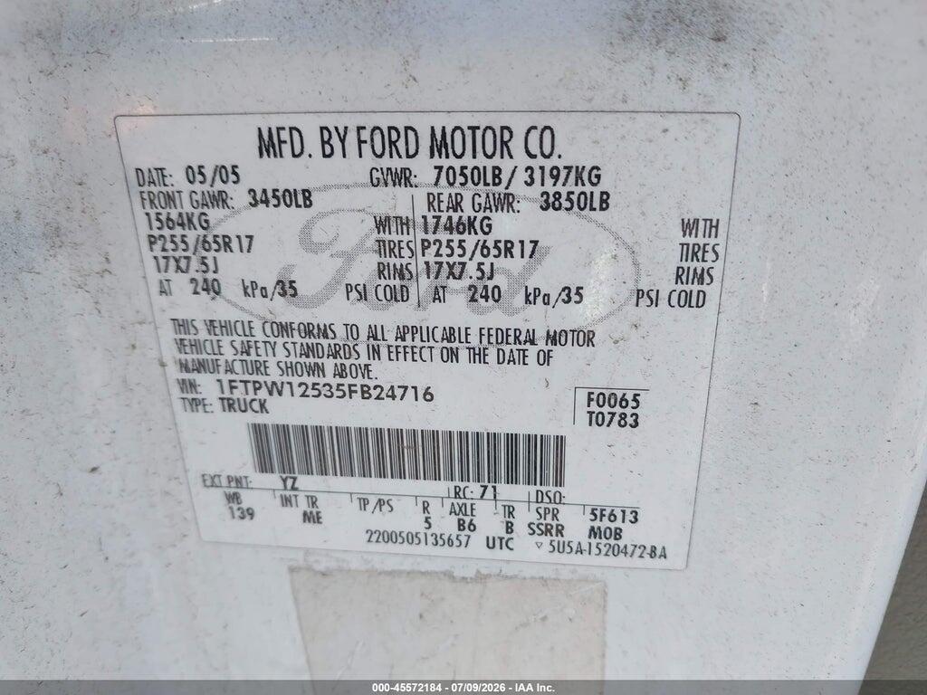 1FTPW12535FB24716 2005 FORD F-150 photo no. 9