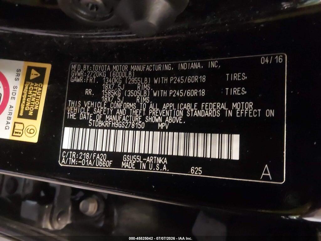 5TDBKRFH9GS278150 2016 TOYOTA HIGHLANDER photo no. 9