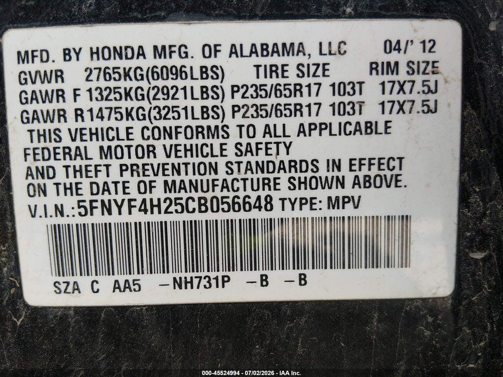 5FNYF4H25CB056648 2012 HONDA PILOT photo no. 9