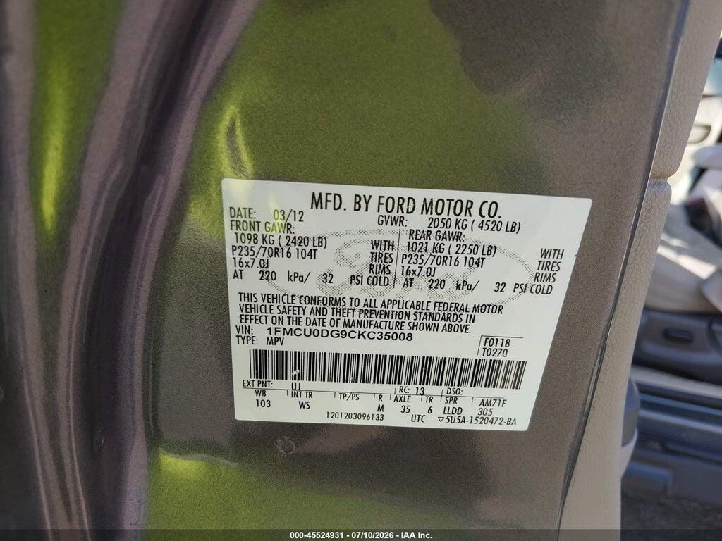 1FMCU0DG9CKC35008 2012 FORD ESCAPE photo no. 9