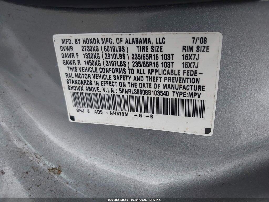 5FNRL38608B103540 2008 HONDA ODYSSEY photo no. 9
