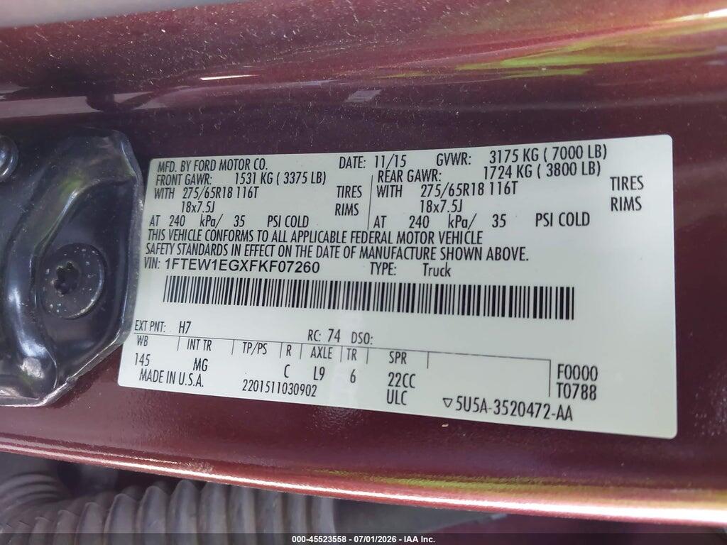 1FTEW1EGXFKF07260 2015 FORD F-150 photo no. 9