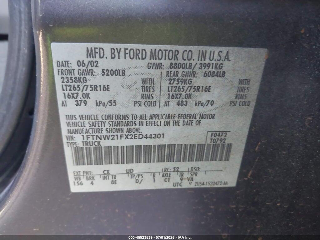 1FTNW21FX2ED44301 2002 FORD F-250 photo no. 9