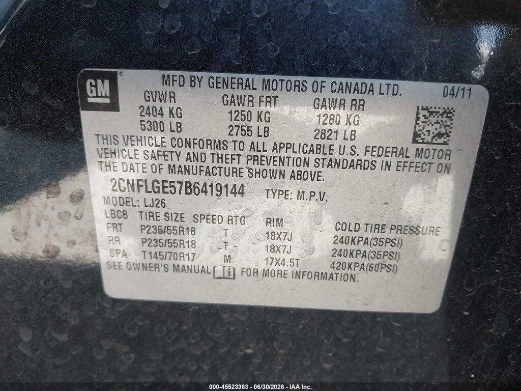 2CNFLGE57B6419144 2011 CHEVROLET EQUINOX photo no. 9