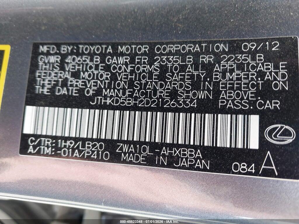 JTHKD5BH2D2126334 2013 LEXUS CT 200H photo no. 9