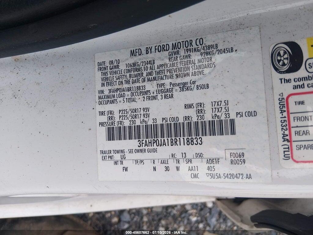 3FAHP0JA1BR118833 2011 FORD FUSION photo no. 9
