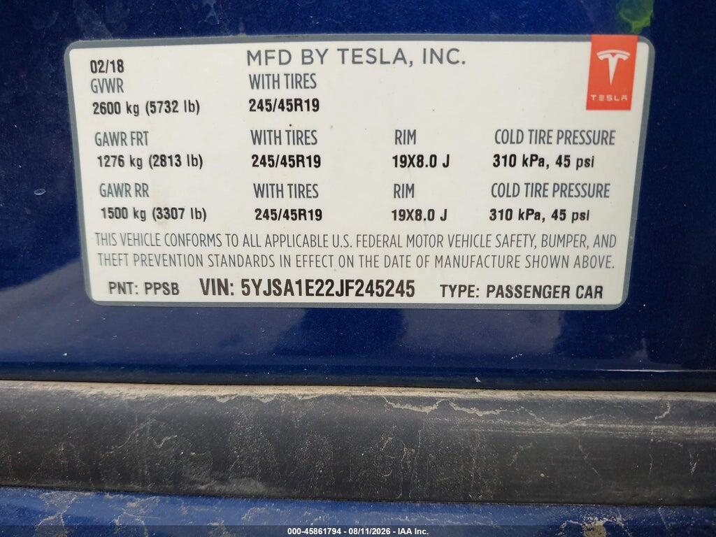 5YJSA1E22JF245245 2018 TESLA MODEL S photo no. 9