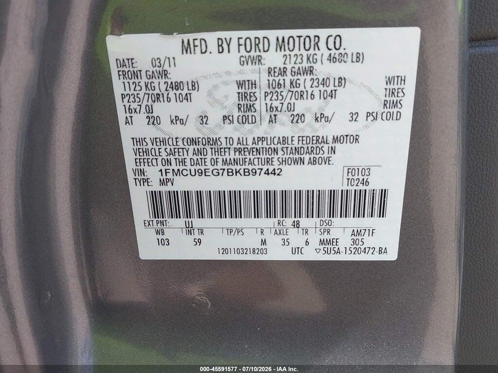 1FMCU9EG7BKB97442 2011 FORD ESCAPE photo no. 9