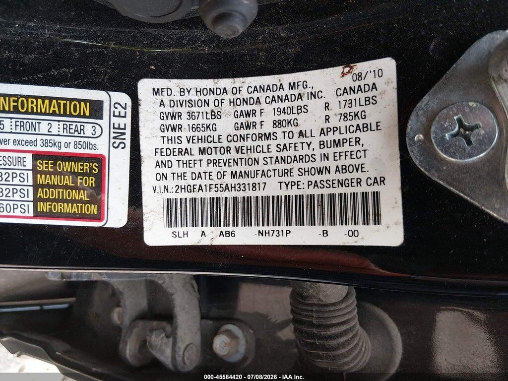 2HGFA1F55AH331817 2010 HONDA CIVIC photo no. 9