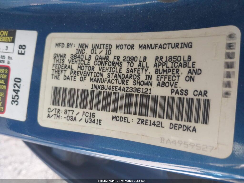 1NXBU4EE4AZ336121 2010 TOYOTA COROLLA photo no. 9