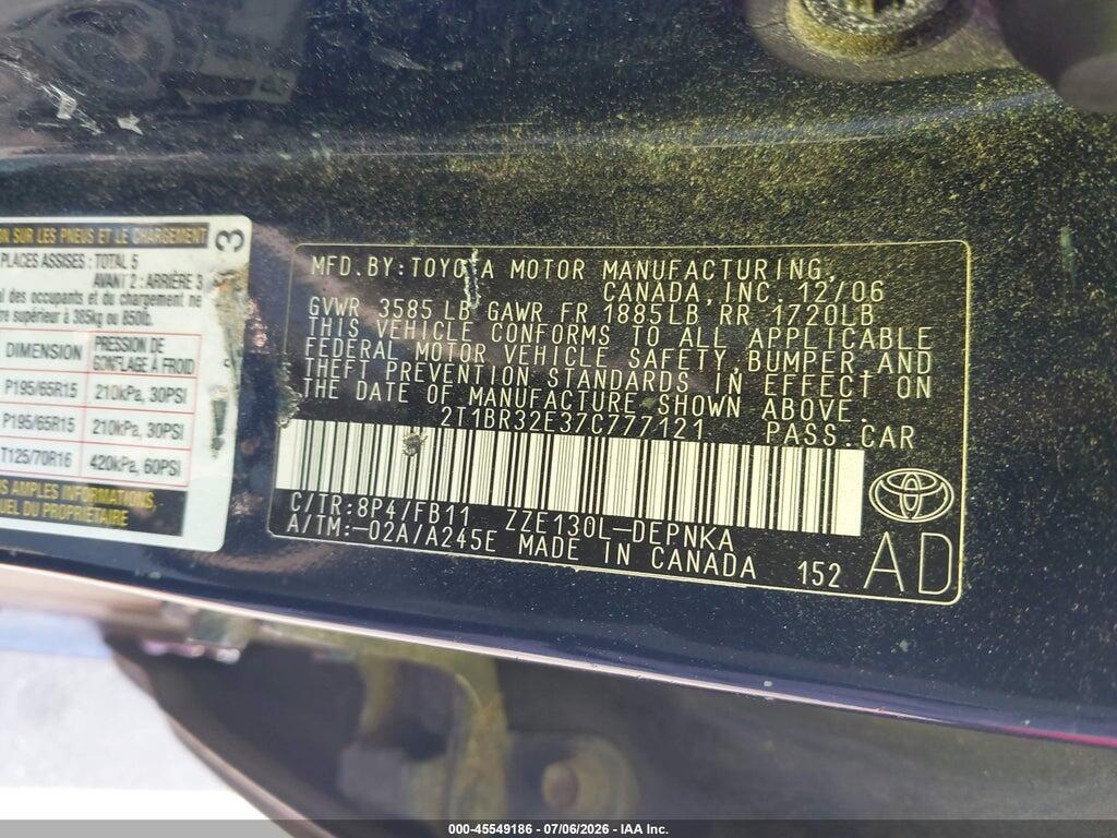 2T1BR32E37C777121 2007 TOYOTA COROLLA photo no. 9