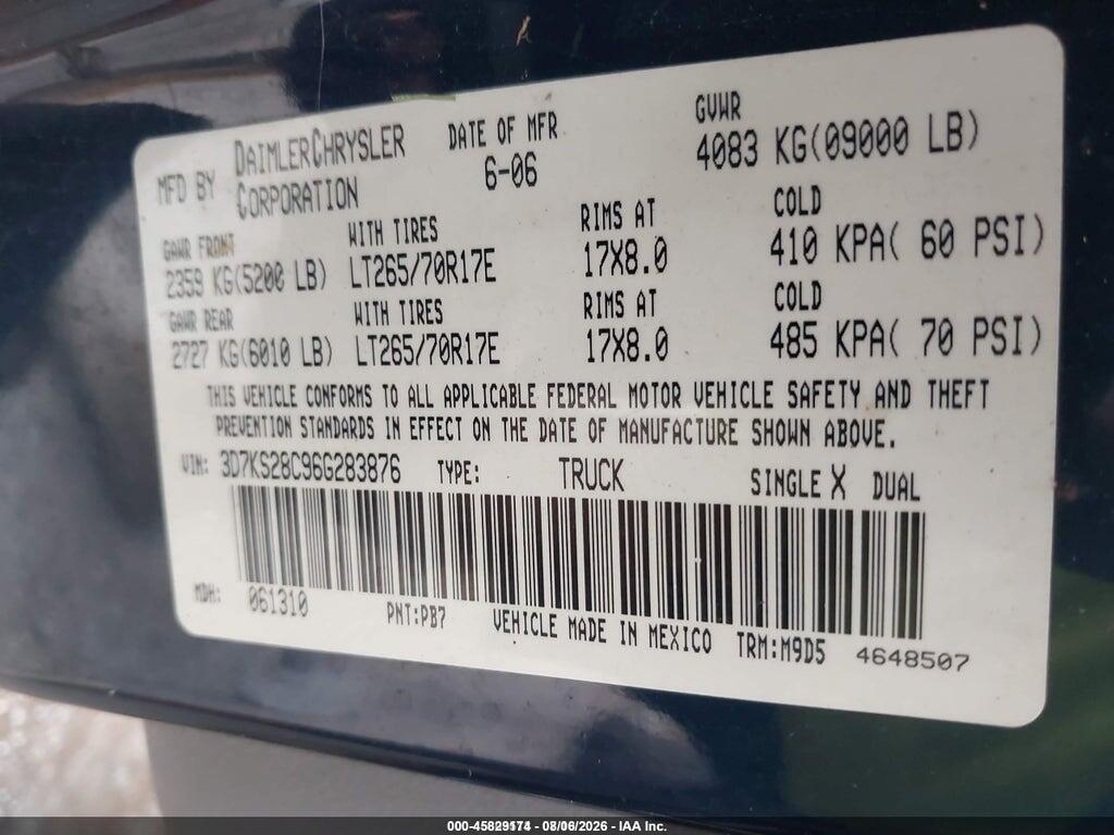 3D7KS28C96G283876 2006 DODGE RAM 2500 photo no. 9