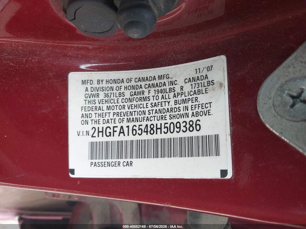 2HGFA16548H509386 2008 HONDA CIVIC photo no. 9
