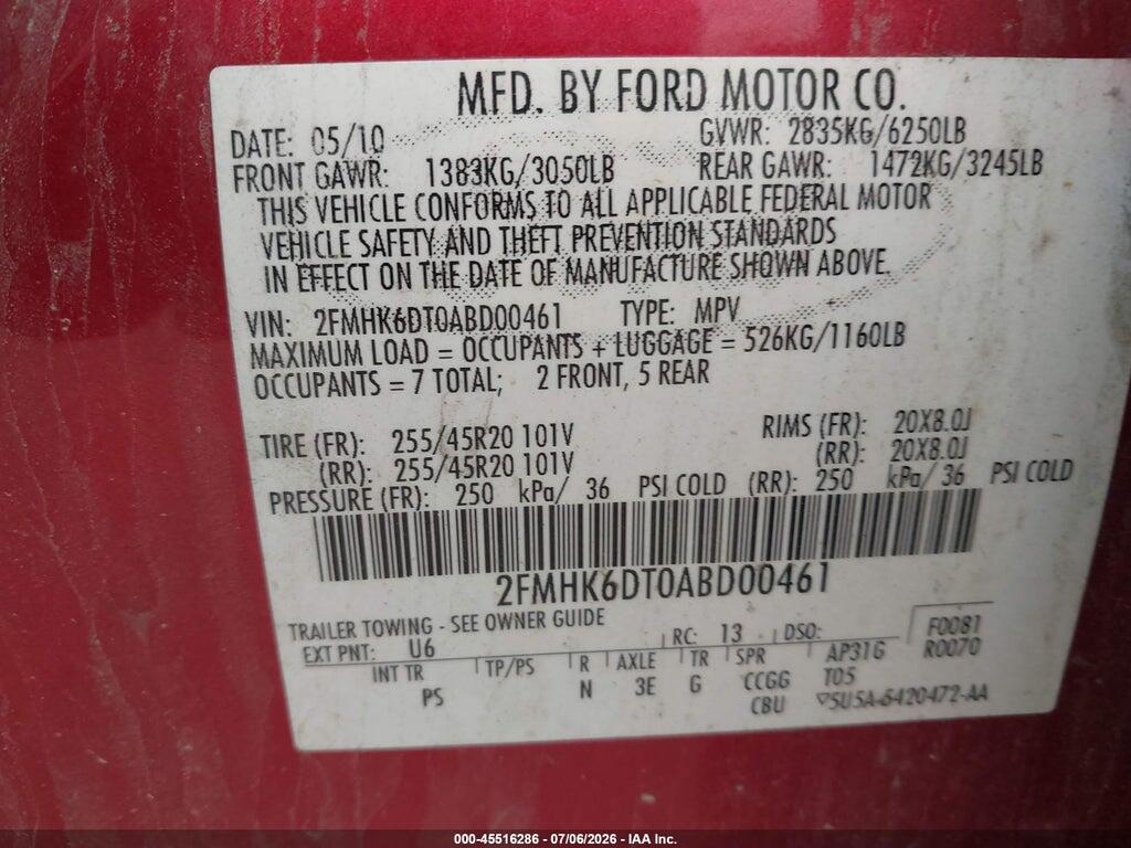 2FMHK6DT0ABD00461 2010 FORD FLEX photo no. 9