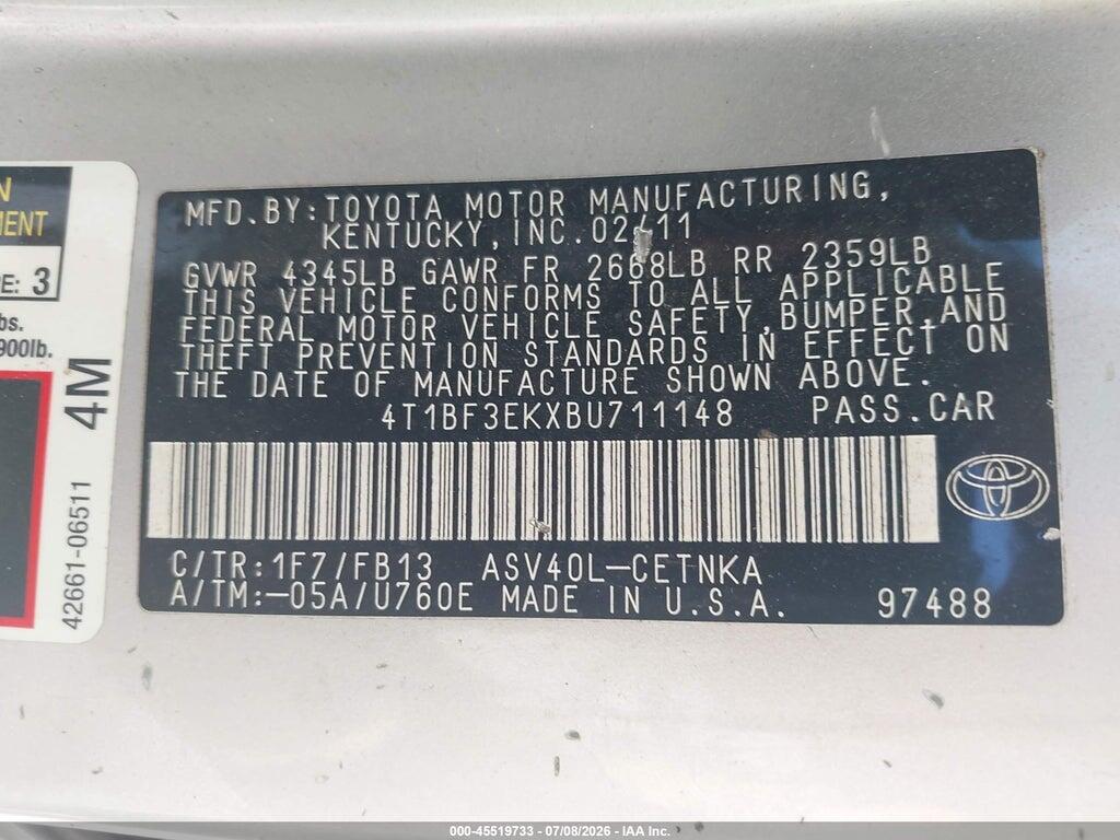4T1BF3EKXBU711148 2011 TOYOTA CAMRY photo no. 9