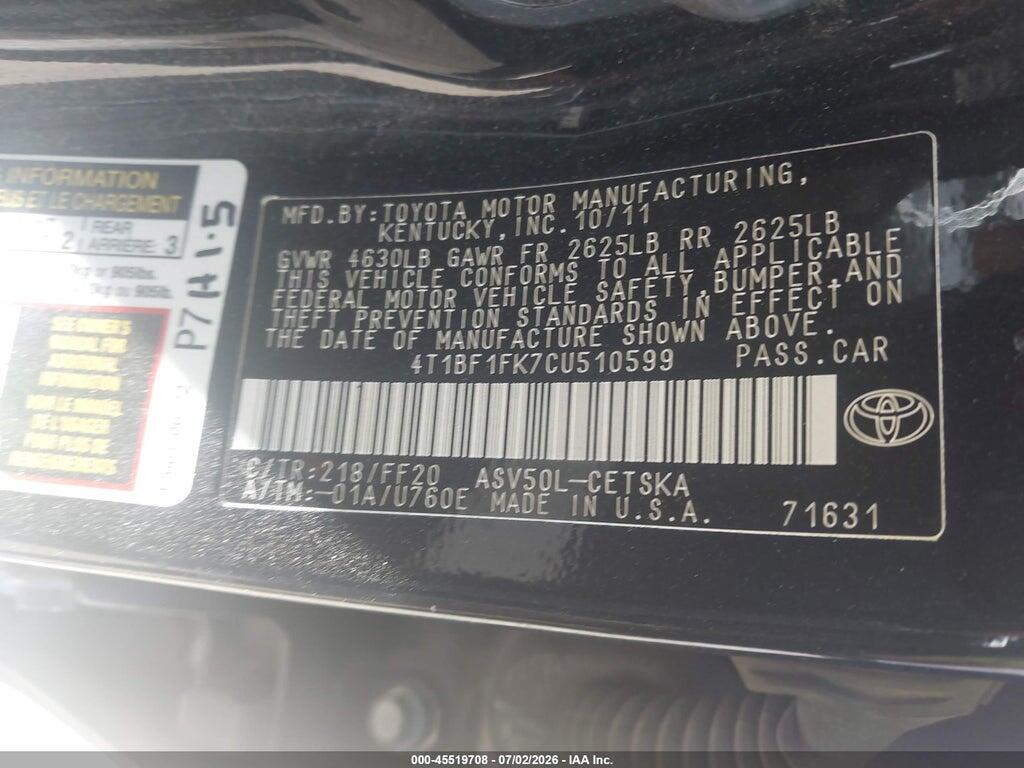 4T1BF1FK7CU510599 2012 TOYOTA CAMRY photo no. 9