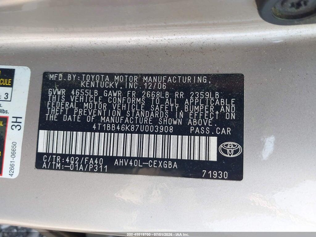 4T1BB46K87U003908 2007 TOYOTA CAMRY HYBRID photo no. 9