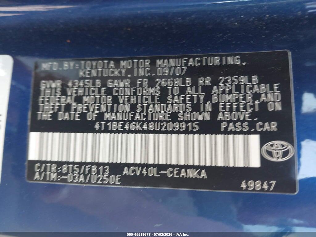 4T1BE46K48U209915 2008 TOYOTA CAMRY photo no. 9