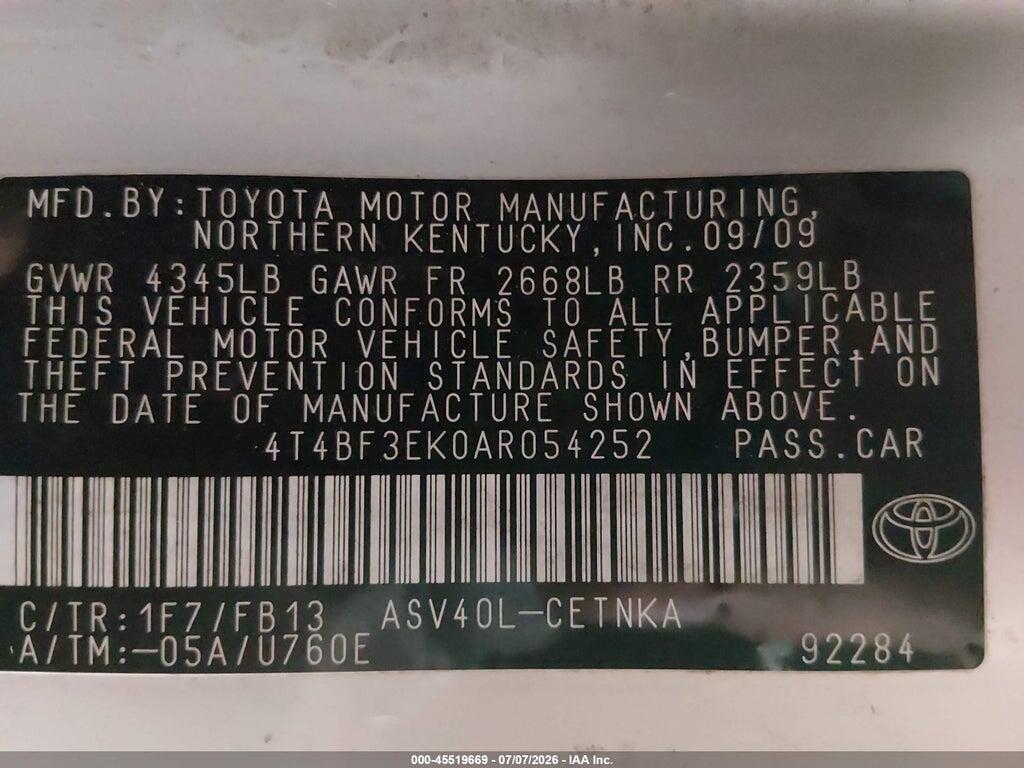4T4BF3EK0AR054252 2010 TOYOTA CAMRY photo no. 9