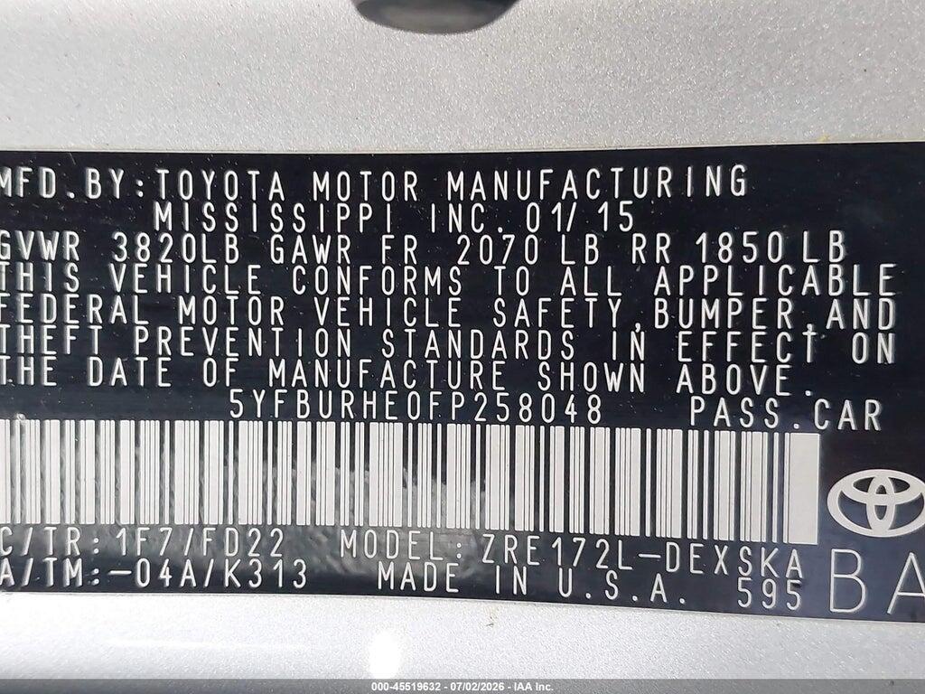5YFBURHE0FP258048 2015 TOYOTA COROLLA photo no. 9