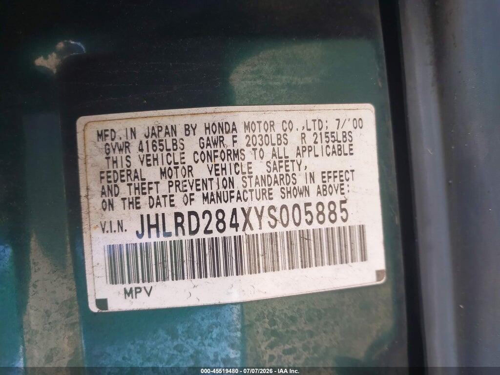 JHLRD284XYS005885 2000 HONDA CR-V photo no. 9