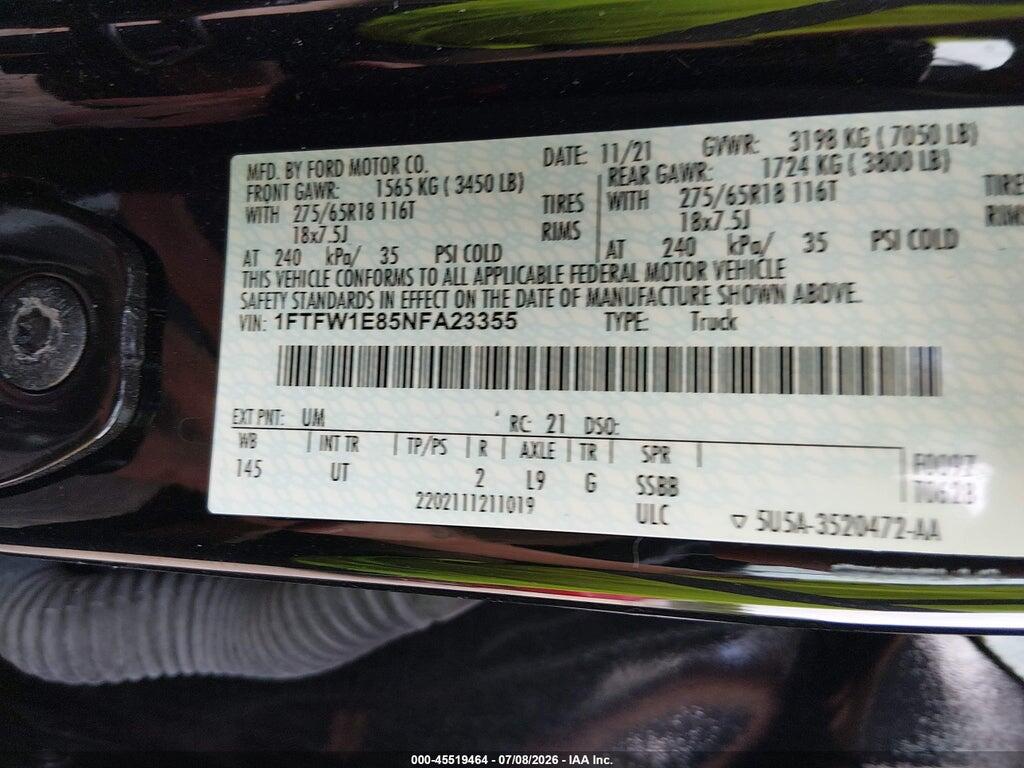 1FTFW1E85NFA23355 2022 FORD F-150 photo no. 9
