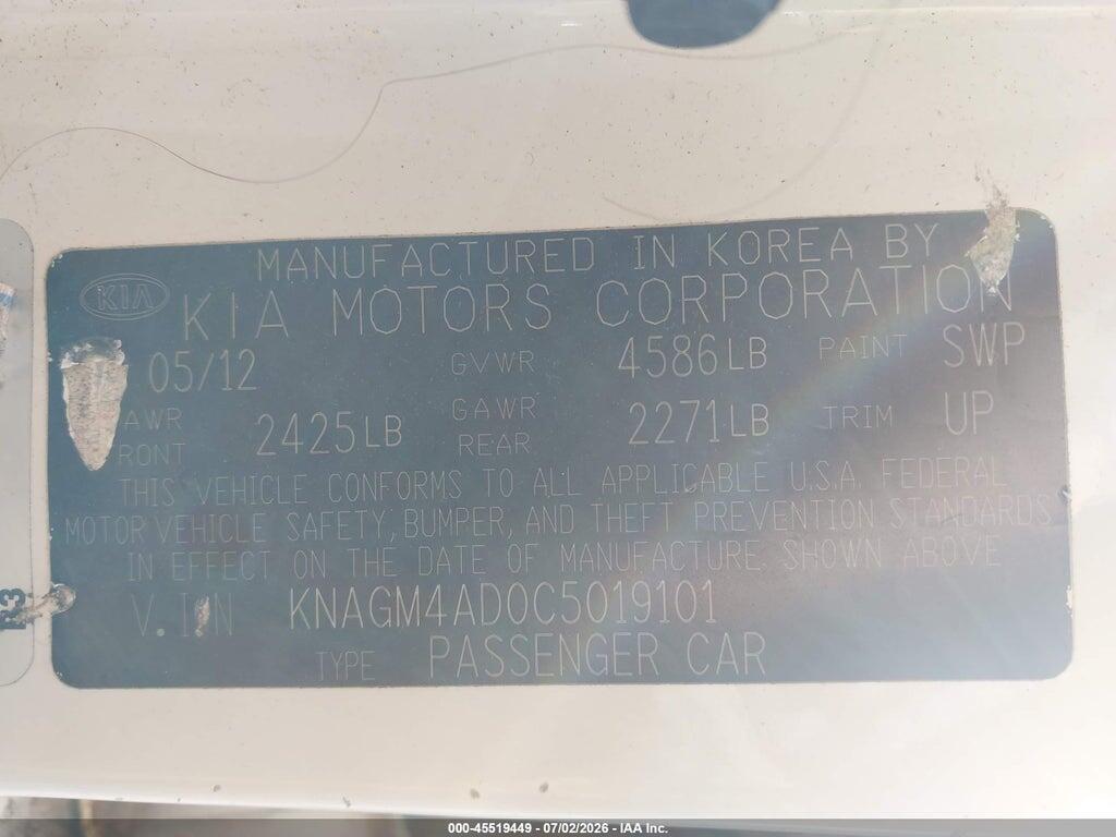 KNAGM4AD0C5019101 2012 KIA OPTIMA HYBRID photo no. 9