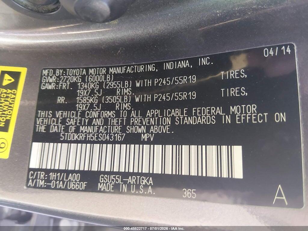 5TDDKRFH5ES043167 2014 TOYOTA HIGHLANDER photo no. 9