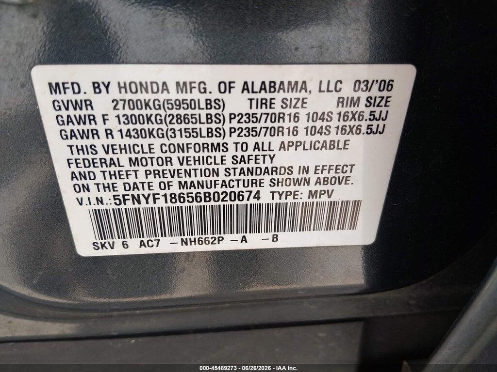5FNYF18656B020674 2006 HONDA PILOT photo no. 9