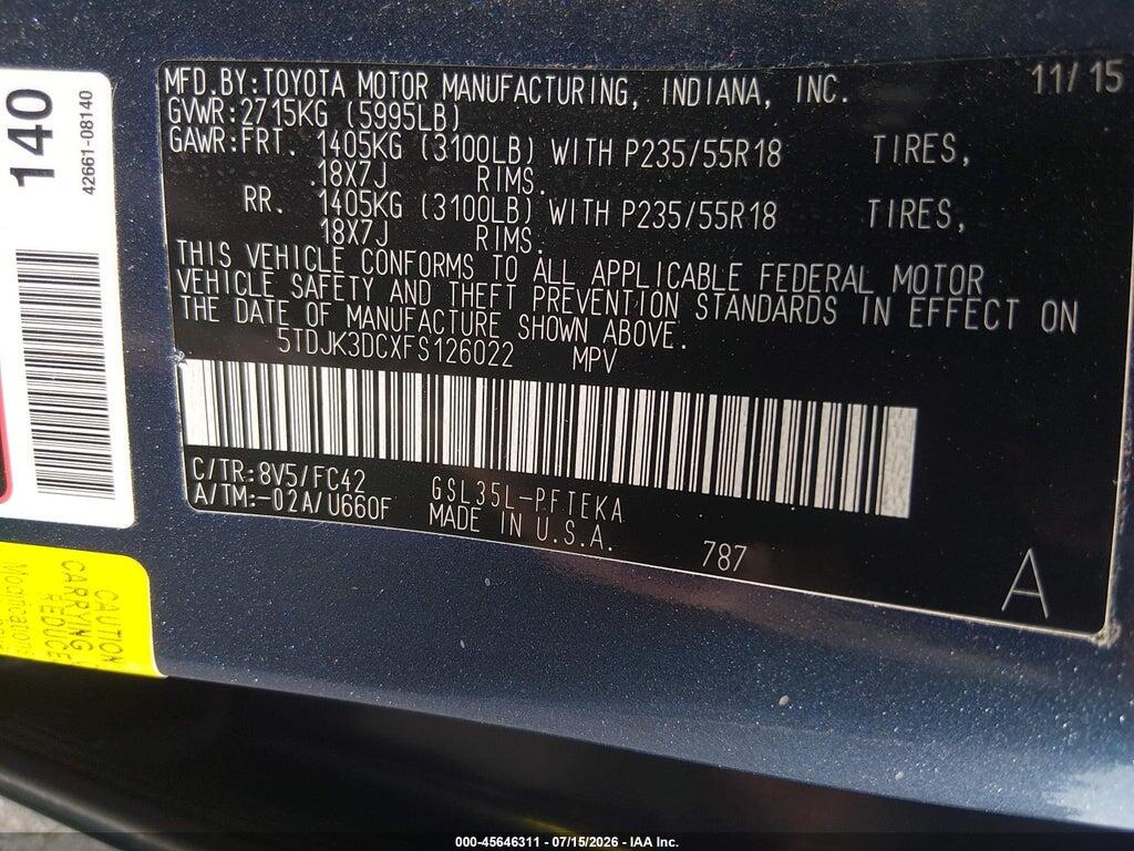 5TDJK3DCXFS126022 2015 TOYOTA SIENNA photo no. 9