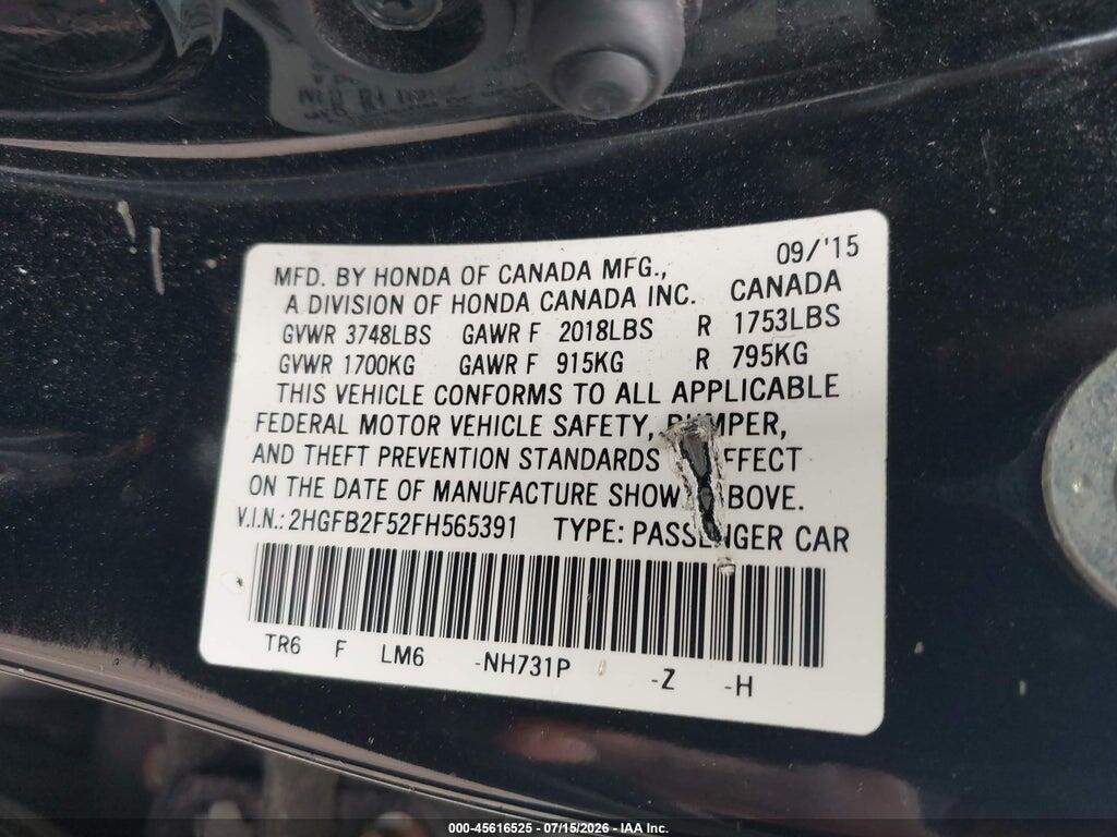 2HGFB2F52FH565391 2015 HONDA CIVIC photo no. 9