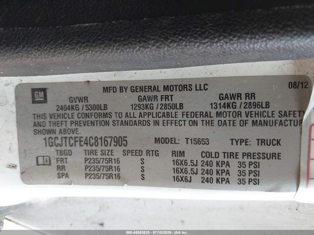 1GCJTCFE4C8167905 2012 CHEVROLET COLORADO photo no. 9
