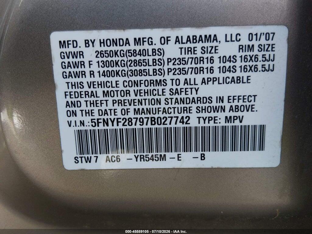 5FNYF28797B027742 2007 HONDA PILOT photo no. 9