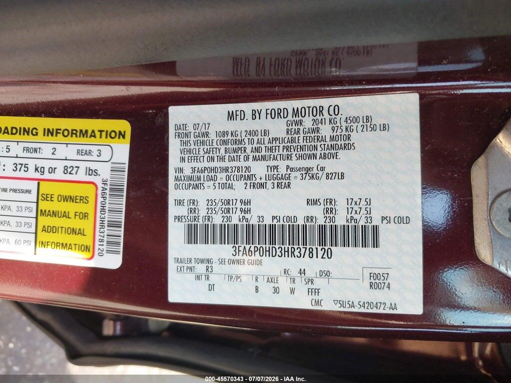 3FA6P0HD3HR378120 2017 FORD FUSION photo no. 9