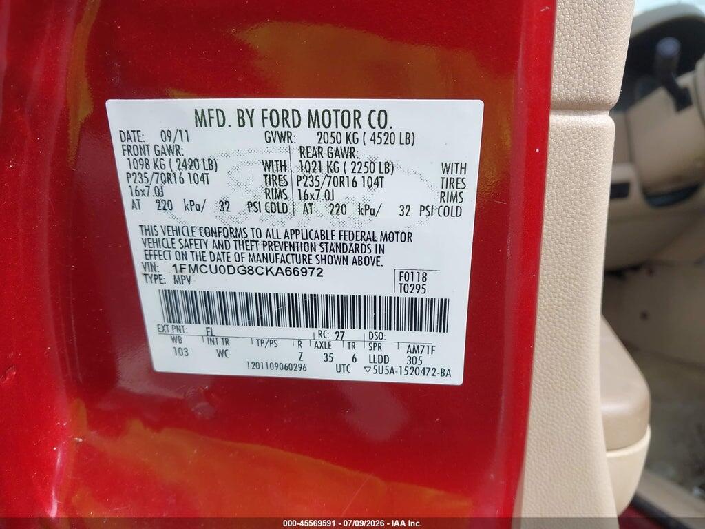 1FMCU0DG8CKA66972 2012 FORD ESCAPE photo no. 9