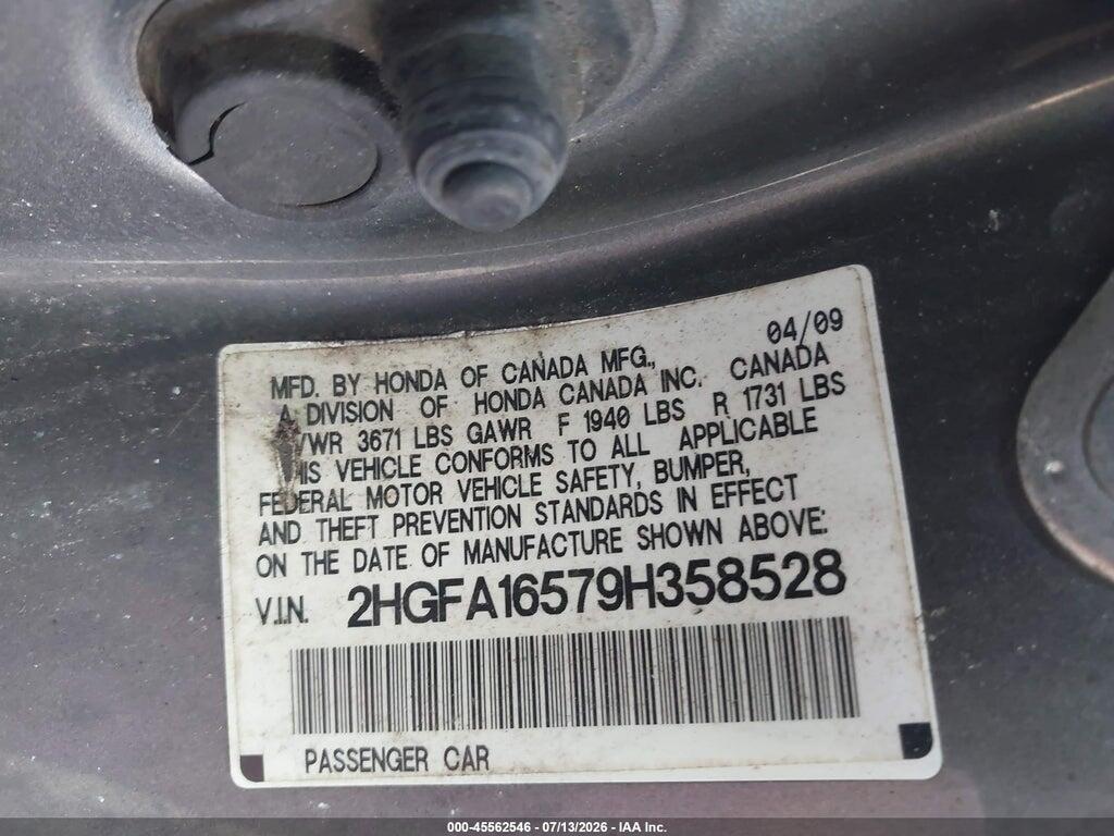 2HGFA16579H358528 2009 HONDA CIVIC photo no. 9