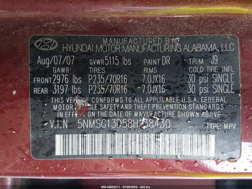 5NMSG13D58H138430 2008 HYUNDAI SANTA FE photo no. 9
