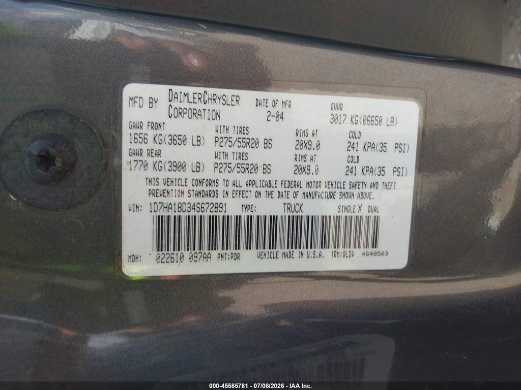 1D7HA18D34S672891 2004 DODGE RAM 1500 photo no. 9