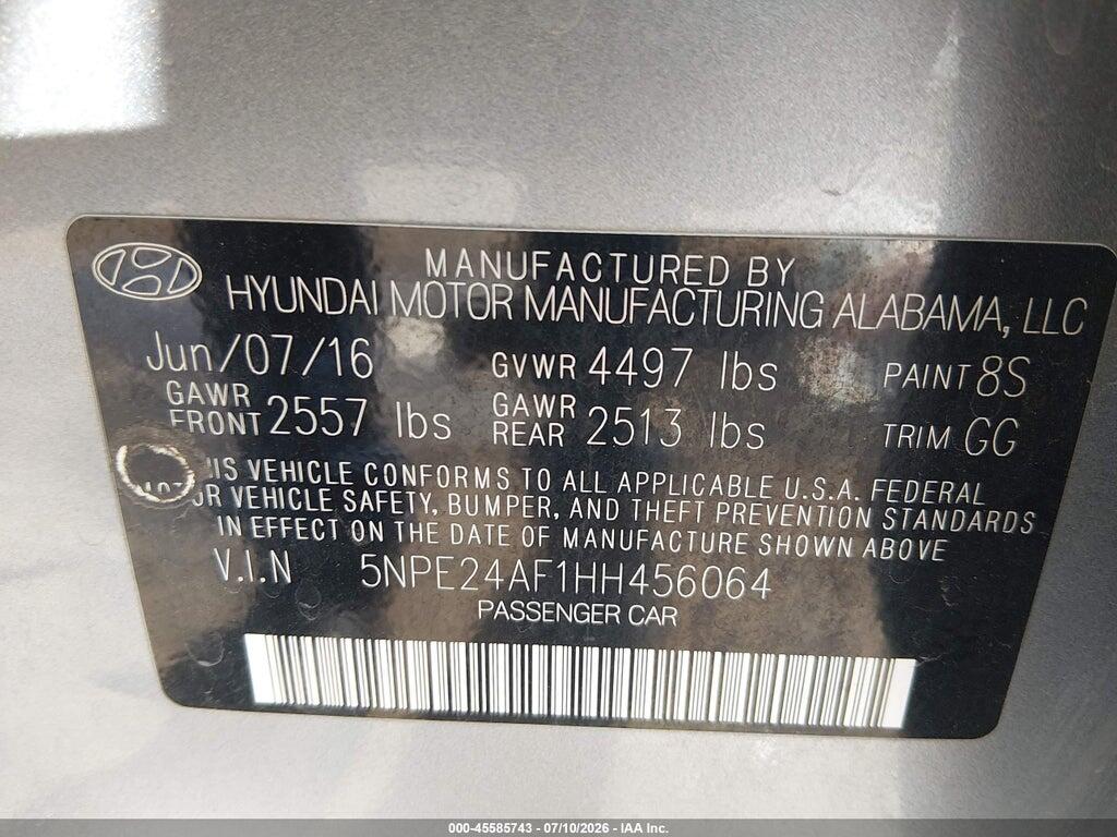 5NPE24AF1HH456064 2017 HYUNDAI SONATA photo no. 9