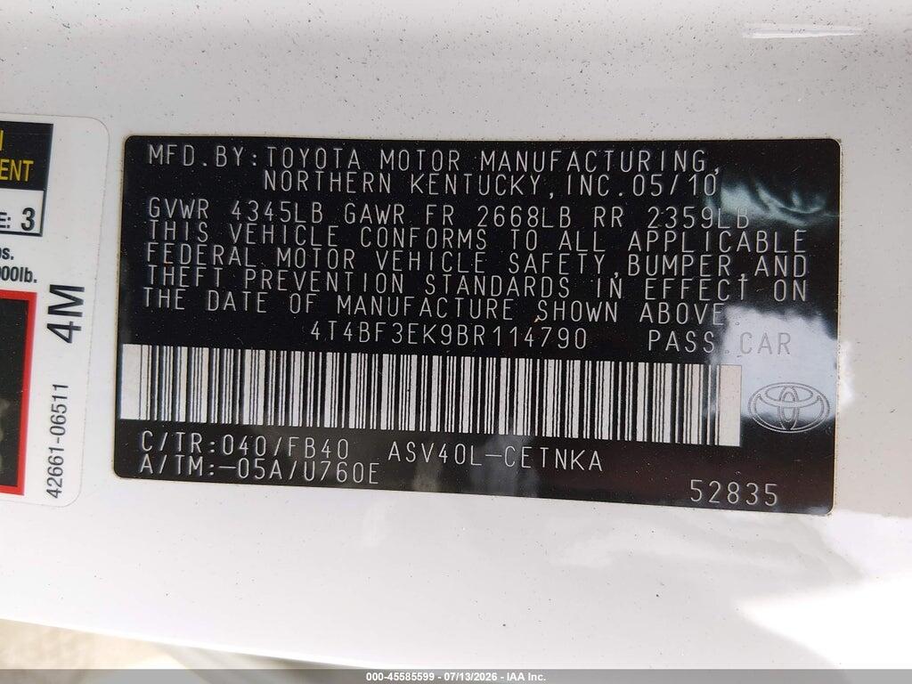 4T4BF3EK9BR114790 2011 TOYOTA CAMRY photo no. 9