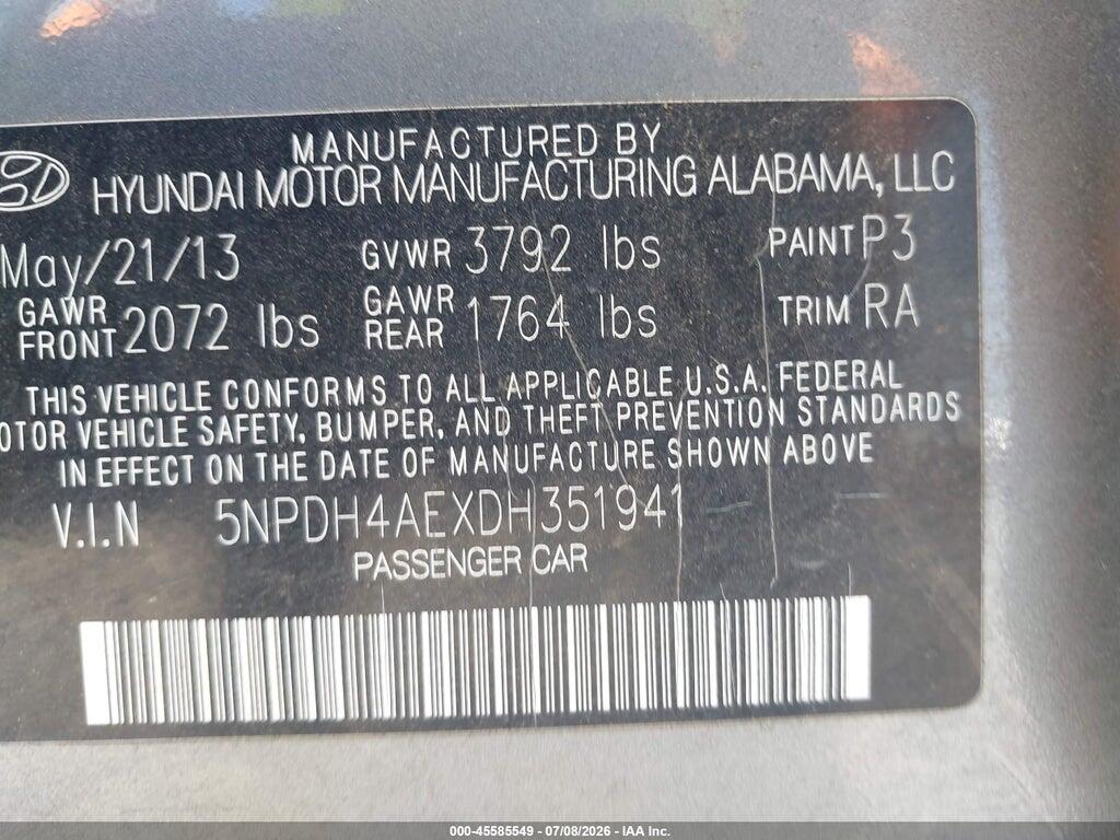 5NPDH4AEXDH351941 2013 HYUNDAI ELANTRA photo no. 9