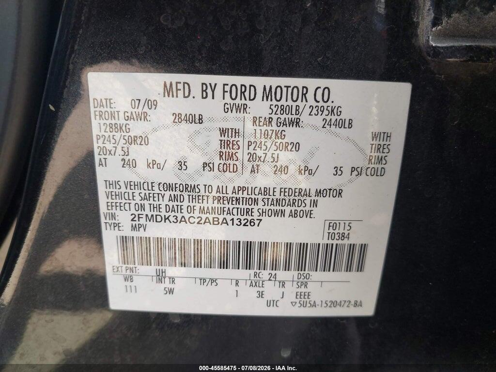 2FMDK3AC2ABA13267 2010 FORD EDGE photo no. 9