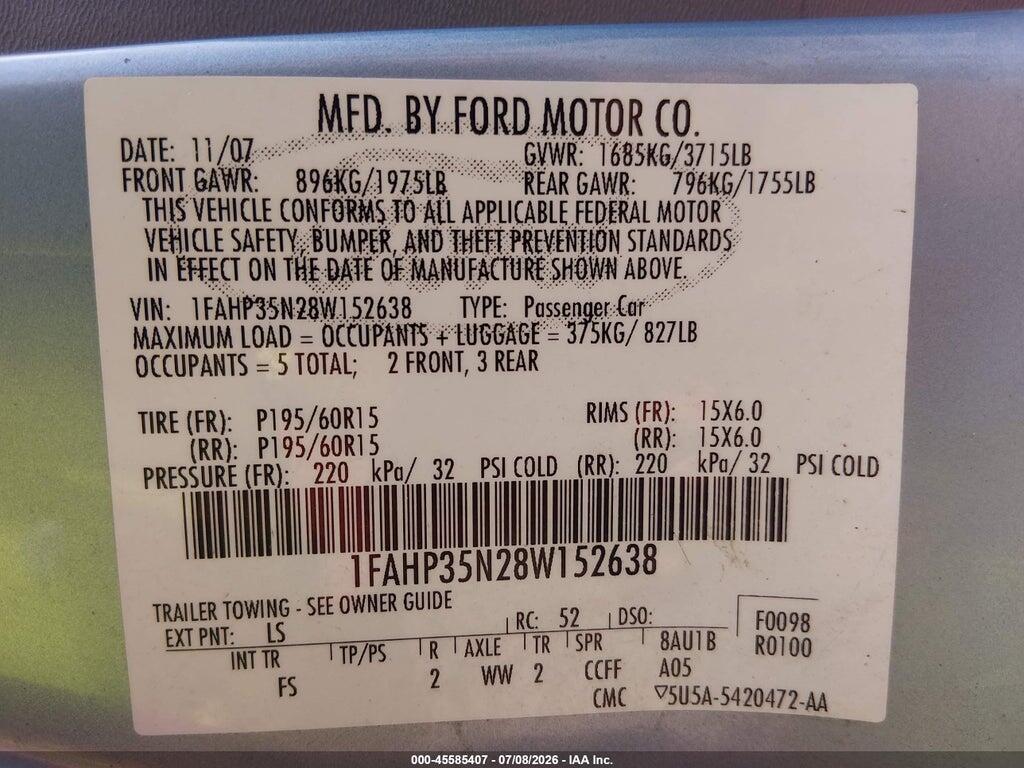 1FAHP35N28W152638 2008 FORD FOCUS photo no. 9
