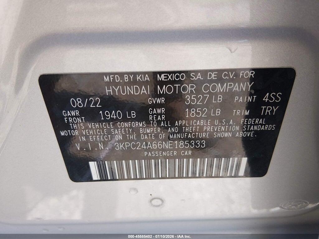 3KPC24A66NE185333 2022 HYUNDAI ACCENT photo no. 9