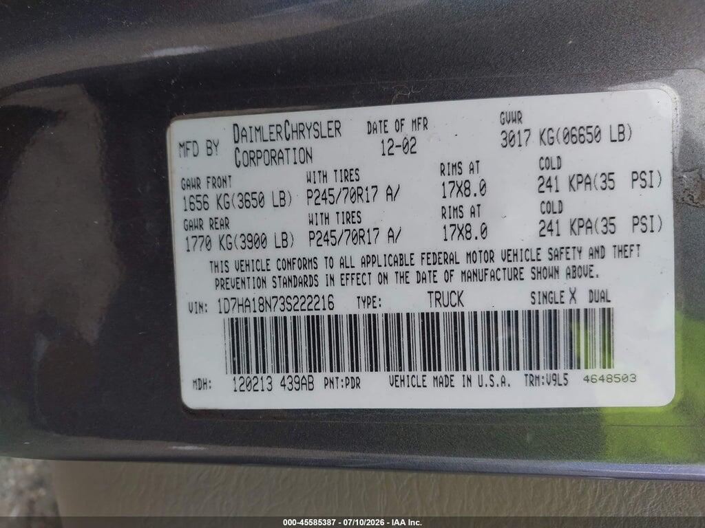 1D7HA18N73S222216 2003 DODGE RAM 1500 photo no. 9