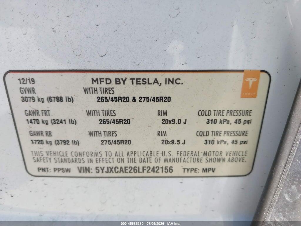5YJXCAE26LF242156 2020 TESLA MODEL X photo no. 9