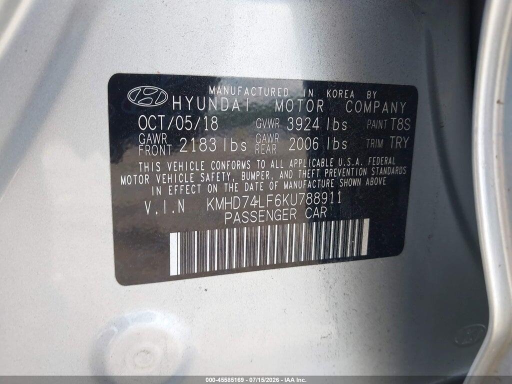 KMHD74LF6KU788911 2019 HYUNDAI ELANTRA photo no. 9