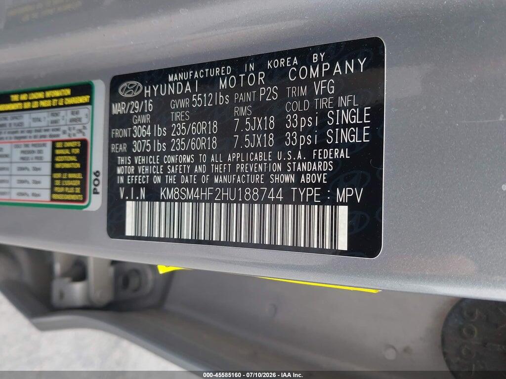 KM8SM4HF2HU188744 2017 HYUNDAI SANTA FE photo no. 9